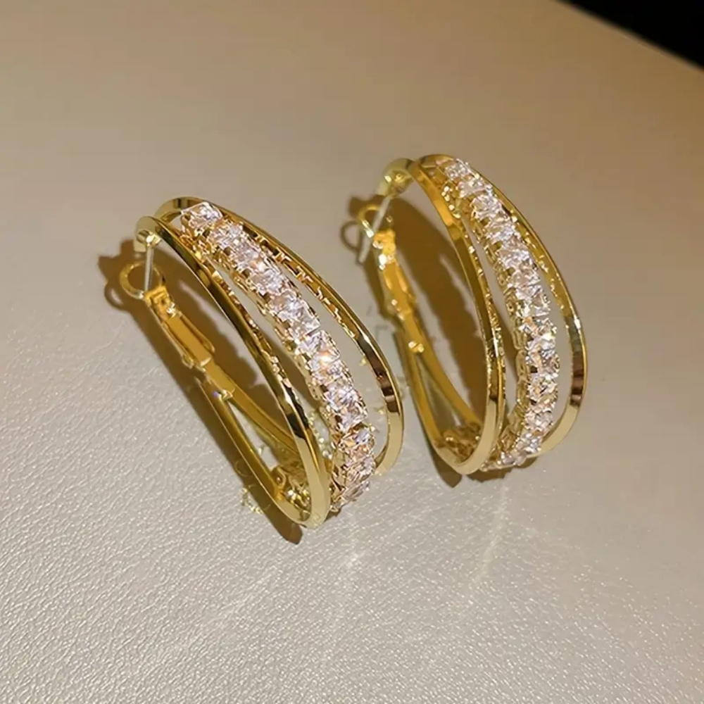 Triple row hoops earrings cubic zirconia gold tone statement